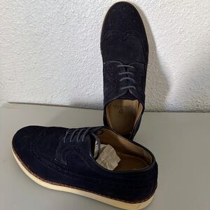 Men's MASSIMO DUTTI Suede Wingtip Oxford Shoes Lace-Up Perforated Loafer‎ Navy